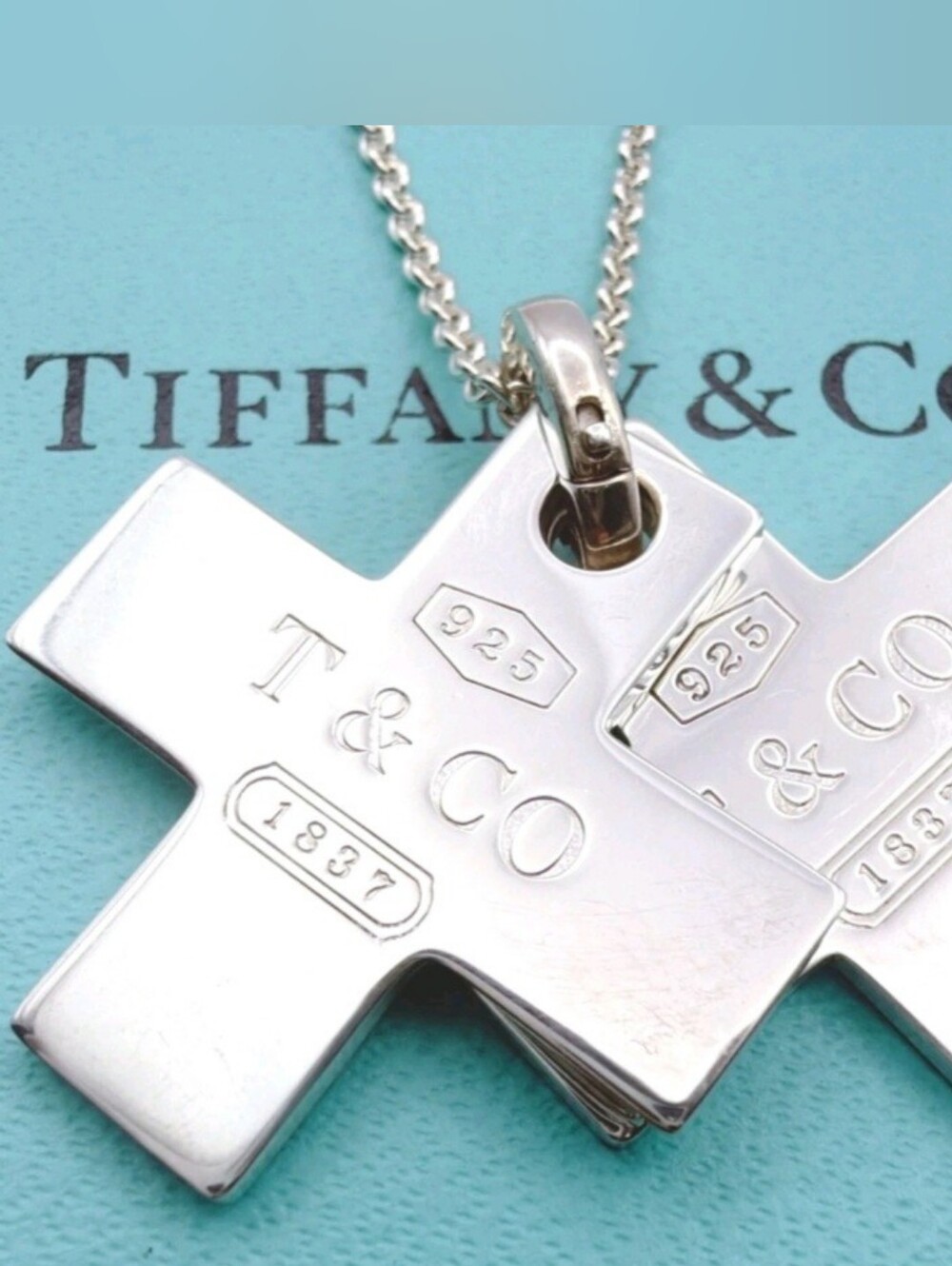 Tiffany & Co. Silver Double Cross 1837 Pendant on 18" Sterling Tiffany Chain